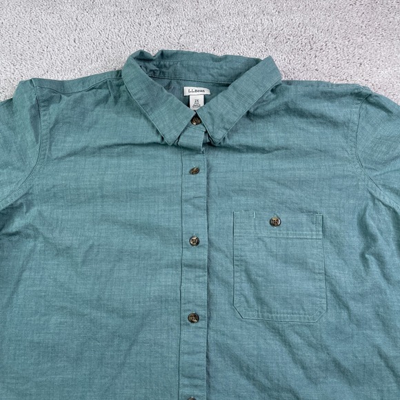 LL Bean Shirt Womens 2X Green Chambray Short Sleeve Stretch Cotton Button Up A1 - Picture 2 of 11